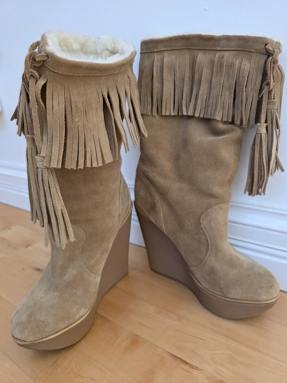 Jessica Simpson Fringe Suede Wedge Boots in Tan